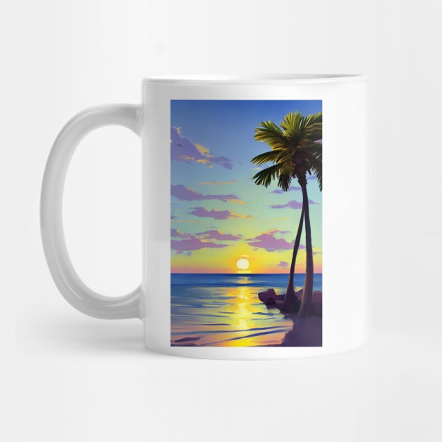 Summer Sunset Palm Tree Beach Ocean Artistic Paradise Landscape by Trendy-Now